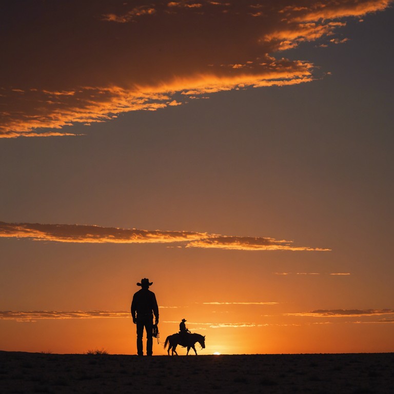 In this evocative piece, a lone cowboy reflects on distant memories and lost love under the vast, unending desert sky. The melody, carried by a sorrowful harmonica, encapsulates the essence of solitude and yearning as the sun sets over a desolate landscape.