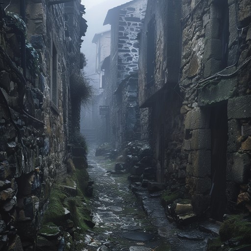 A somber melody echoes through fog shrouded cobblestone paths of a deserted medieval village at twilight, evoking a sense of age old secrets and lurking dangers as the wind whispers tales of forgotten lore. The music captures the atmosphere of a lost era with eerie eloquence, blending darkness with the rustic charm of the village