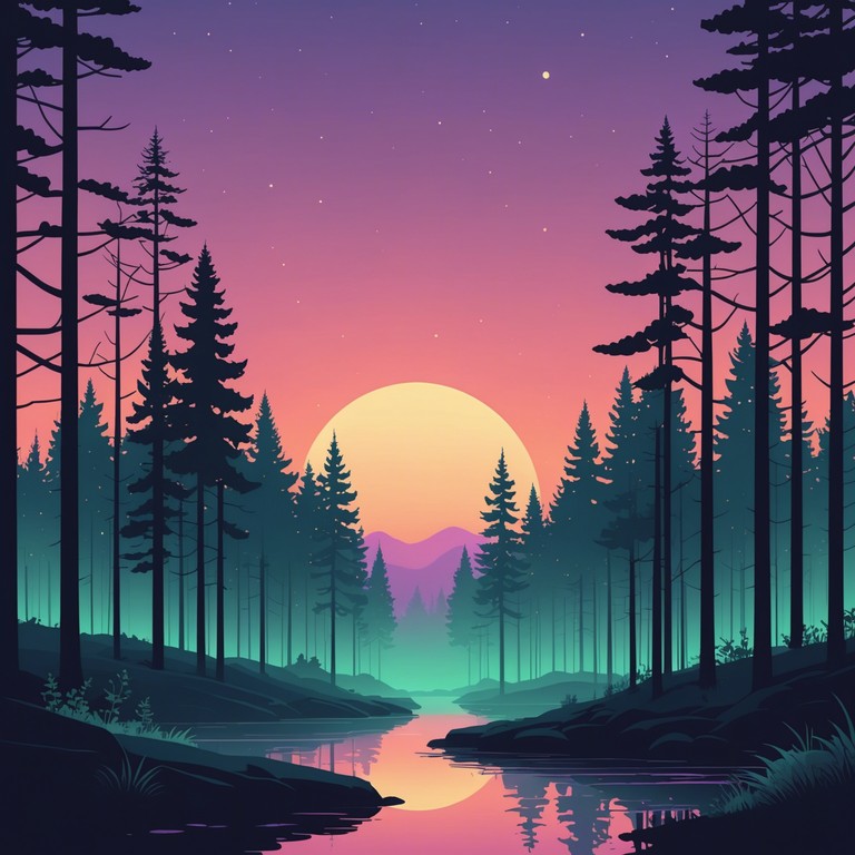 In this fusion of sound and environment, the instrumental track blends the calming, mysterious tones of the woods at dusk with the rhythmic, progressive elements of idm, creating an immersive auditory landscape where nature meets technology. The blending of organic and digital sounds illustrates an equilibrium between the serene whispers of nature and the pulsating energy of neon lit, futuristic landscapes.