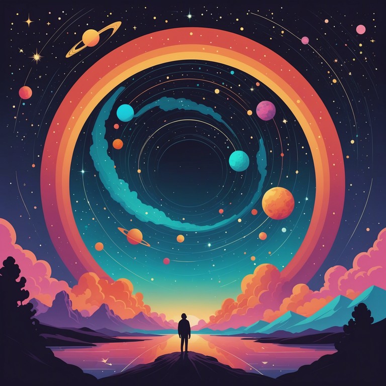 A similar auditory experience with more focus on the sensation of drifting through the cosmos, emphasized by deeper bass and slower, more deliberate transitions. The combination of vibrant beats and tranquil melodies creates a meditative feel.