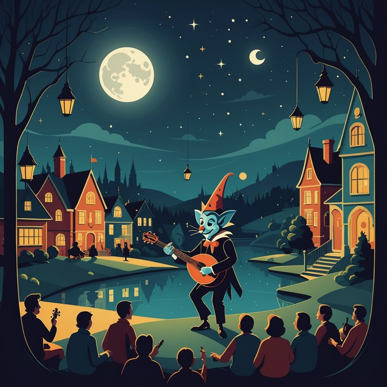 Imagine a whimsical scene in a moonlit medieval village where a jovial troubadour plays lively tunes to the delight of gathered villagers, celebrating the night away. His music echoes the playful spirit of historical festivity, dancing notes under the soft glow of the moon, creating a timeless aura of enchantment.