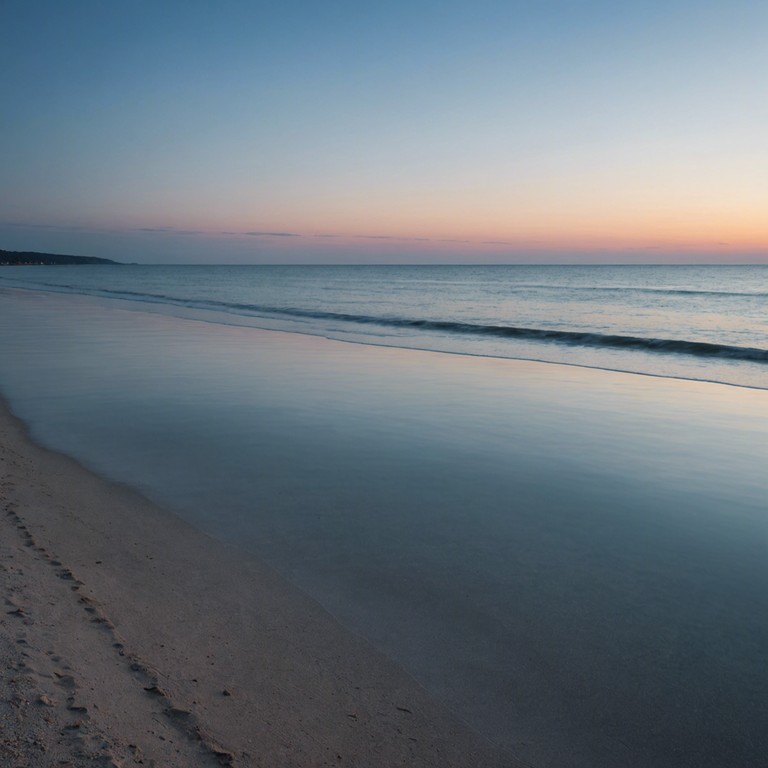 Imagine a tranquil beach as the sun dips below the horizon, gentle waves lapping at golden sands, and a soft melody playing in the background, perfectly complementing the peaceful, picturesque setting.