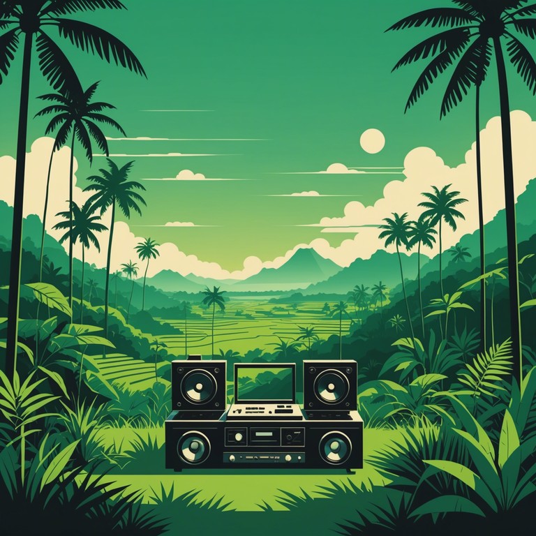 A musical journey where the traditional sounds of a distant island seamlessly fuse with dynamic electronic beats, crafting a tranquil yet uplifting atmosphere that evokes a sense of serene adventure and mystical awe under a painted sky.