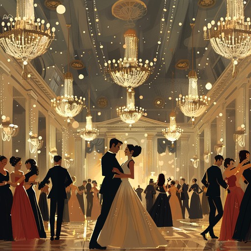 A grand jazz piece filled with lush arrangements capturing a majestic evening celebration, evoking imagery of royal balls and high society galas. The music transports listeners to a world of elegance, featuring complex melodies and harmonizations, blending the classic sophistication of swing with contemporary jazz elements.