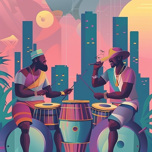 Blend vibrant afro cuban percussion with sleek futuristic synths for an innovative, rhythmic journey. Energetic and forward thinking, capturing both tradition and modernity.