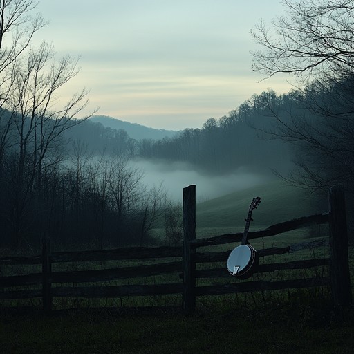 A haunting instrumental bluegrass piece featuring unsettling banjo melodies that echo through the mist covered appalachian hills, evoking the feeling of being lost in a ghostly landscape where shadows seem alive.