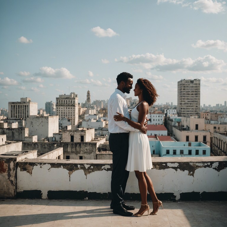 Transport yourself to a captivating evening in havana where the air is thick with romance and the rhythmic sounds of a marimba echo in the distance, weaving a tale of love and mystery.