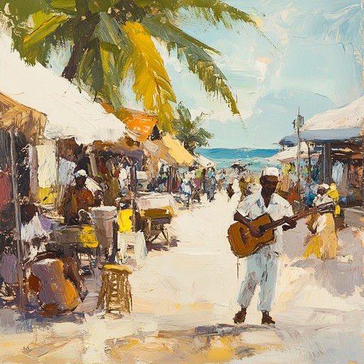 A vibrant portrayal of a caribbean festival, with dancers in colorful costumes, cheerful people, and the central figure, a musician joyously playing the steelpan, bringing everyone together in dance.