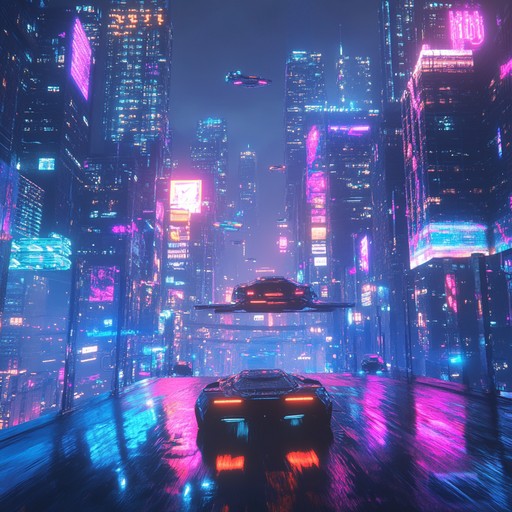 A high energy instrumental track that fuses experimental rock guitar riffs with pulsating electronic rhythms, inspired by the vibrant energy of a futuristic neon lit cityscape