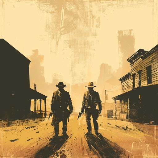 A high stakes duel takes place in a small western town, with an acoustic guitar setting the stage through resonant, brooding melodies and taut rhythms that capture the tension and intensity of the moment.