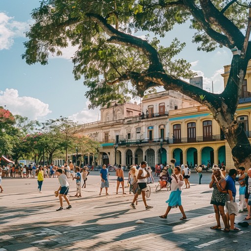 A dynamic mix of joyful latin soundscapes infused with energetic jazz rhythms. Imagine a bustling plaza in havana where musicians play spiritedly, inviting everyone to dance along.