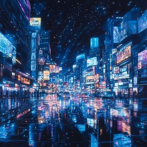 An instrumental piece blending hypnotic synthesizer melodies with driving cyberpunk rhythms, immersing the listener in a dreamlike journey through a futuristic city illuminated by neon lights.