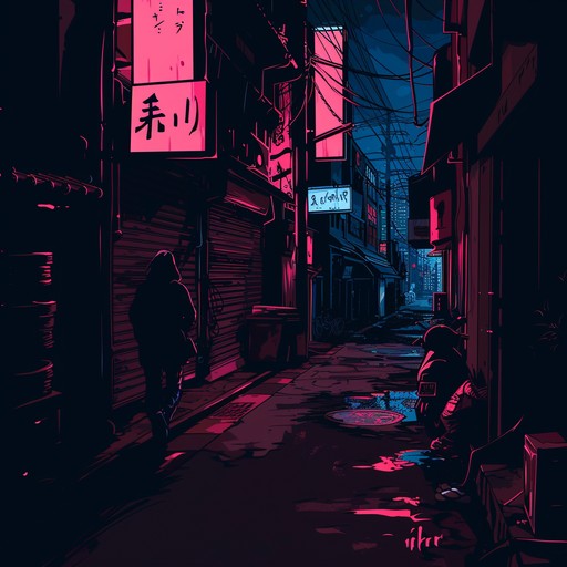 A haunting instrumental track designed to evoke the eerie, shadowy alleys of tokyo during a tense anime sequence. Synthesizers carry a trembling melody, underscored by sparse percussion to build tension and unease, reflecting a protagonist's anxious journey through the nighttime cityscape.