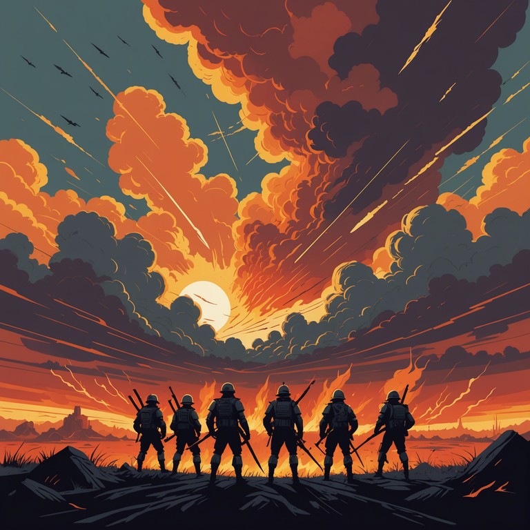 In this track, thunderous echo of guitar and insistent beats underscore a journey through mythical battles and heroic exploits, with sweeping melodies that capture the essence of courage and valor in a high energy heavy metal format. The intense drumming and powerful riffs invoke a visceral reaction in the listener, creating an overwhelming sensory experience.