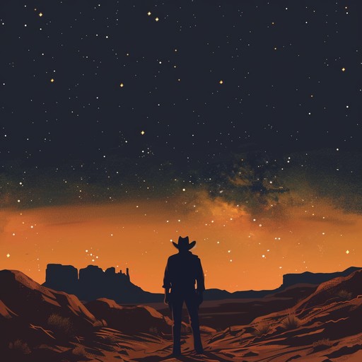 Craft a hauntingly beautiful country tune that marries traditional acoustic guitar with ethereal, spacey synth pads. Picture a lone cowboy beneath a sprawling, star drenched sky, reflecting on the infinite cosmos. The piece should blend soulful, emotional guitar lines with ambient electronic textures, creating an atmosphere that's both nostalgic and otherworldly.