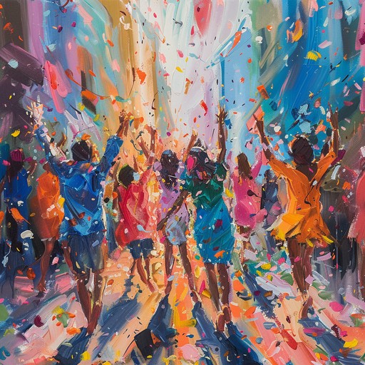 An explosively energetic street party with chaotic brass and driving percussion, evoking the vibrant, jubilant essence of a carnival in full swing.