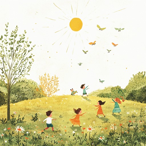 A delightful tune capturing the wonder of children playing amongst animated meadow critters, featuring lighthearted melodies and cheerful rhythms to inspire joyful movement and imagination