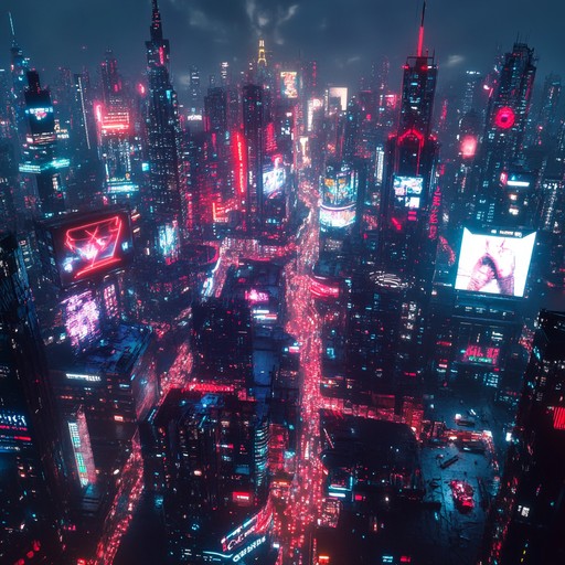 An upbeat instrumental blending bright synths and dynamic rhythms, capturing the exhilaration of moving through a lively, neon drenched cyberpunk city.