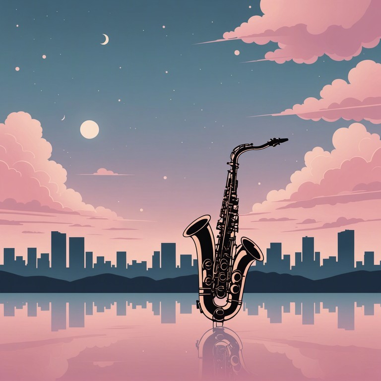 The music captures the essence of the city transitioning from day to night, under a sky turning from blue to hues of orange and pink, while the saxophone's melody gently swirls around the tall buildings, creating a cocoon of soothing sounds.