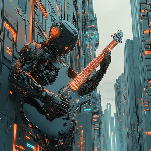 An instrumental track combining heavy metal guitar riffs with futuristic synth textures and industrial beats, delivering an intense auditory experience of a dystopian cyber world.