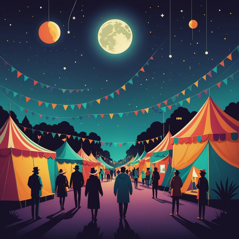 A sonic journey that transports listeners to a mysterious, moonlit carnival where enigmatic melodies weave through the vibrant cheers and whirls of the festive scene. The track blends hypnotic rhythms with the atmospheric festivity of a carnival, creating a soundscape that feels both celebratory and otherworldly. The music punctuates the nighttime air, brushing past shadowed masks and flickering lanterns, as if whispering secrets only the night can understand.