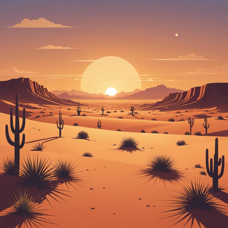 A musical exploration designed to evoke the tension and unease found beneath the searing heat of the wild west desert. The song captures the essence of suspense and impending danger lurking in vast, deserted landscapes. A lone harmonica plays amidst the backdrop of an expansive and relentless desert, delivering an anxious yet captivating atmosphere.