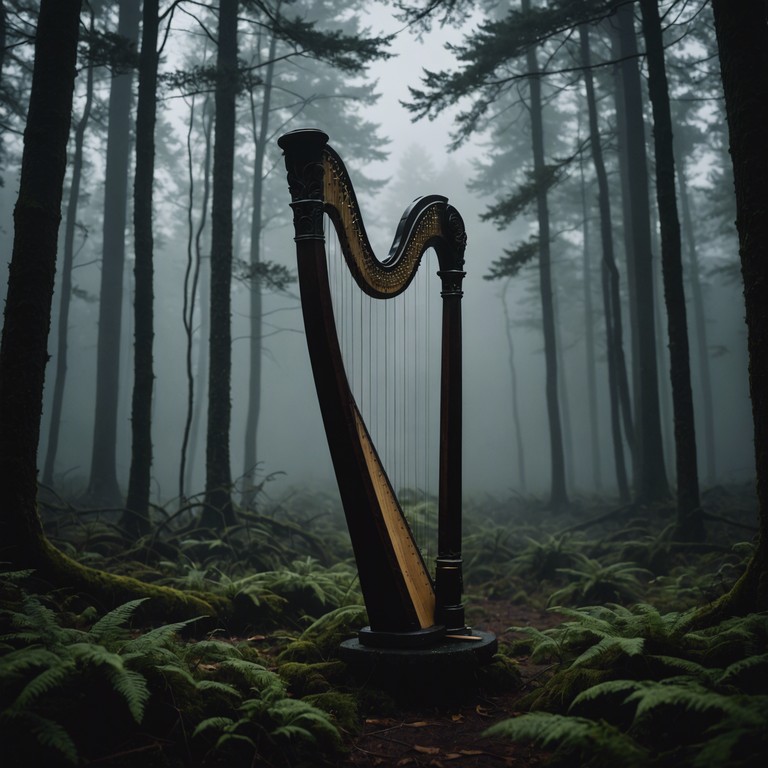 A deeper dive into the tranquil yet unsettling dimensions of a forest shrouded in mist. The richness of the harp strings adds layers of nuanced sound that swell and recede like the breath of the earth.