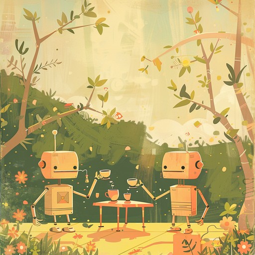 Engage in a chill, electronic composition that evokes the essence of a sunny robotic tea party. Playful synth tones and serene beats create a soothing and whimsical auditory experience.