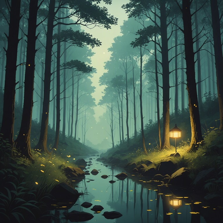 Imagine a deep, rhythmic pulse flowing through a verdant forest, where each beat represents an echo, intertwining with the serene and mystical atmosphere created by atmospheric elements and nature sounds.