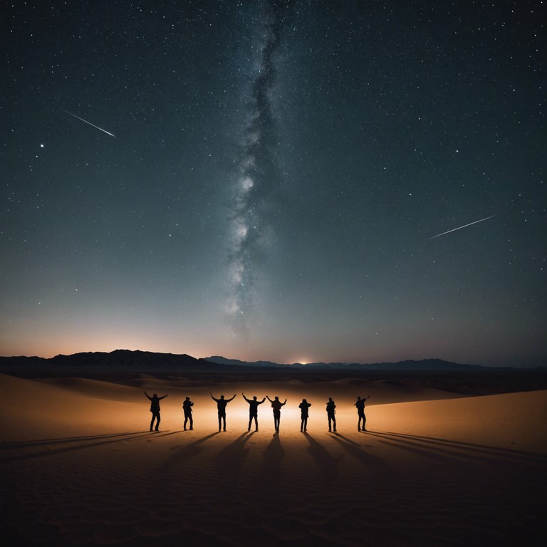 This track combines the enigmatic sounds of a marimba with the pulsating beats of disco, creating an ethereal and mesmerizing dance floor vibe set against a backdrop of a desert landscape under a starlit sky. The marimba leads the melody with energetic and intricate rhythms reflective of ancient desert cultures while modern disco beats give it a compelling nightlife energy.