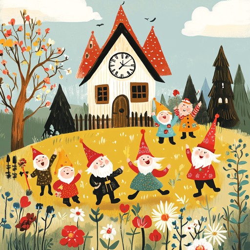 An upbeat, whimsical instrumental piece that captures the playful antics of dancing garden gnomes in a magical german countryside setting. The melody is inspired by the cheerful sounds of cuckoo clocks and the lively atmosphere of traditional folk festivals, blending catchy tunes with a lighthearted, joyful vibe.