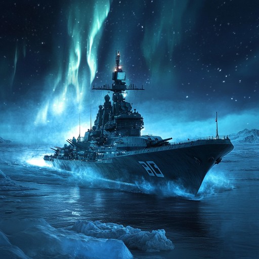 An instrumental composition that merges modern electronic elements with traditional russian naval melodies, creating a futuristic maritime soundscape that evokes the majesty and strength of a future russian navy.