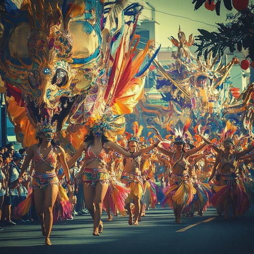 An instrumental piece capturing the essence of a carnival parade with vibrant rhythms, joyous melodies, and the exhilarating spirit of celebration, spotlighting grand brass sections and rhythmic percussion that create an energetic, festive atmosphere, perfect for evoking the sheer exhilaration of carnival festivities