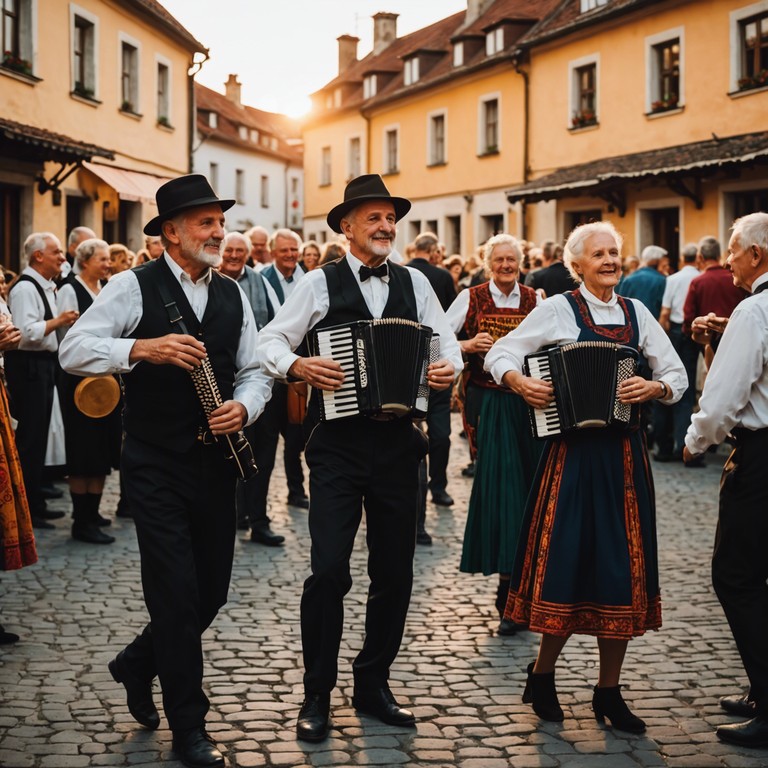 Imagine a bustling eastern european village where the sunrise brings everyone together for a dance. The music, played on an accordion, sets a joyous scene as villagers celebrate new beginnings with traditional melodies.