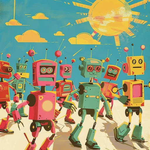 A cheerful instrumental piece infusing playful robotic sounds with upbeat rhythms. Ideal for celebrations, this track layers electronic beeps, whirrs, and quirky oscillations over an infectious groove, capturing the joy and novelty of a lively robot parade.