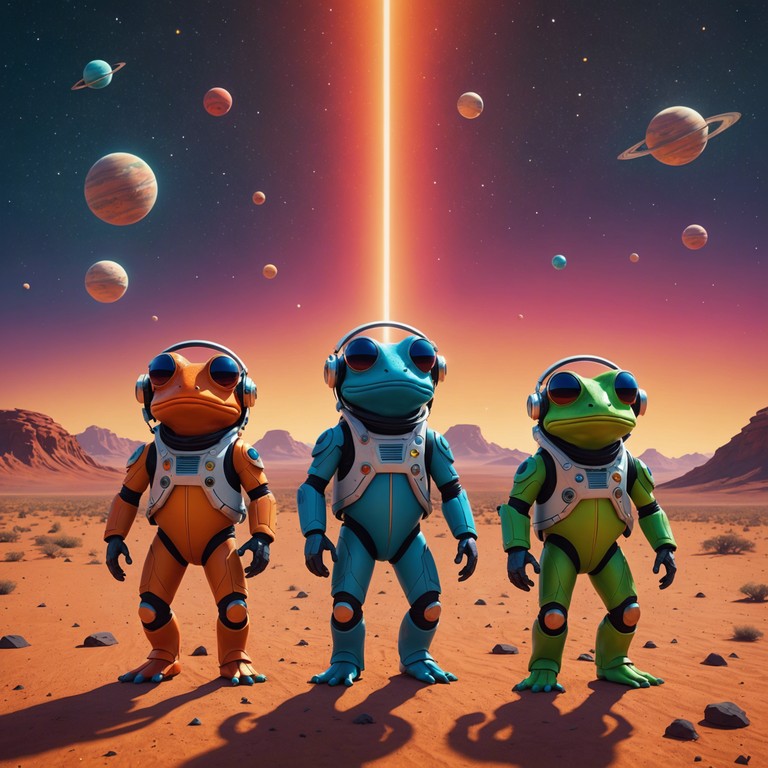 Imagine a sci fi scene where ethereal frogs from another galaxy organize an extraordinary dance party on mars. The music captures the playful and surreal atmosphere of ribbiting rhythms syncopated throughout the martian landscape.