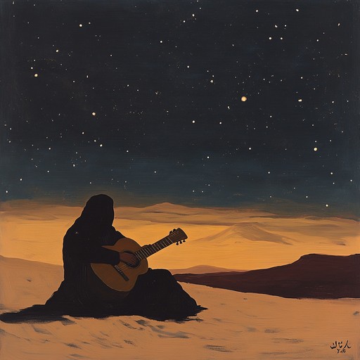 A musician, obscured slightly by twilight, plays oud amidst the dunes, every note a ghostly whisper that dances with the chilly desert air.