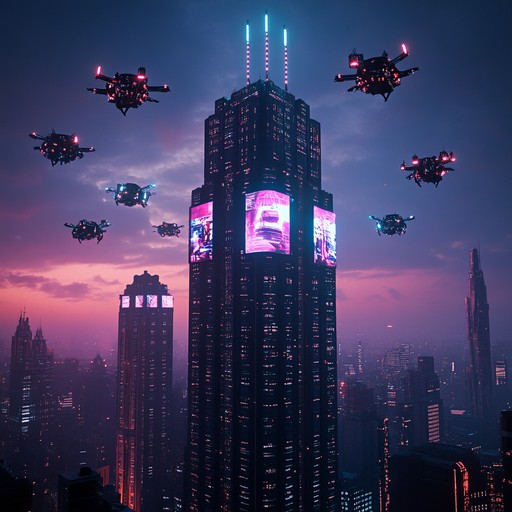 A powerful instrumental track blending pulsating synth rhythms with soaring melodies, capturing the essence of a euphoric journey through a neon lit cyberpunk metropolis. The song builds layers of electronic textures, taking listeners on an exhilarating ride among towering skyscrapers and bustling streets of the future.