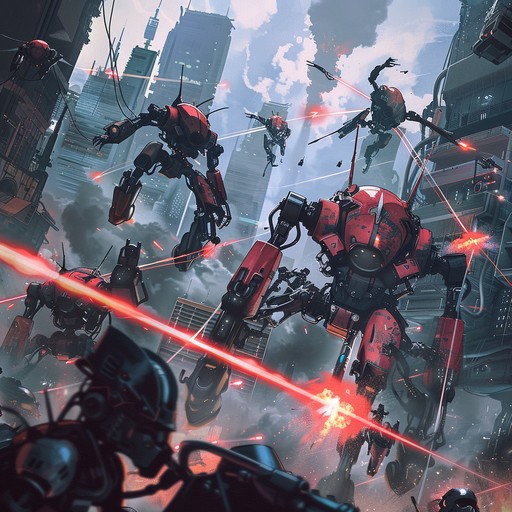 A fierce battle anthem merging metal riffs and futuristic electronic sounds, illustrating a dystopian high tech warzone. Mechanical rhythms and distorted synths intertwine with ferocious guitar solos, creating chaos and precision.