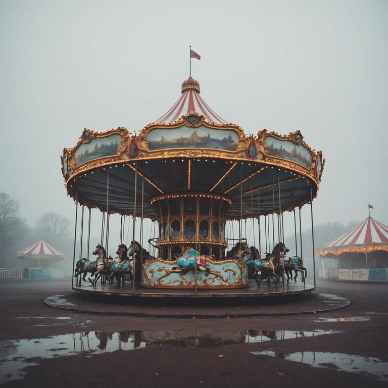 Imagine a deserted carnival where the echoes of once joyful carousel music drift hauntingly through a misty, desolate atmosphere. This instrumental evokes the feel of a forgotten joyful place now tinged with sadness and nostalgia. The sound of a distant, slightly out of tune calliope playing a slow, mournful melody encapsulates the essence of lost happiness and eerie tranquility