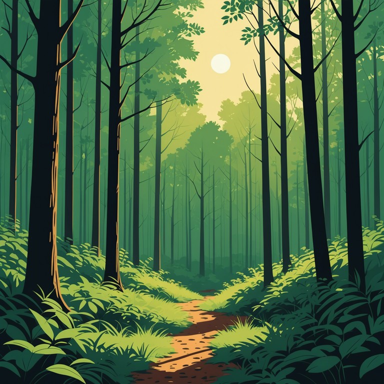 This track uses a rich acoustic guitar base, complemented by subtle ambient sounds to create a sound that's both tranquil and intricately complex, reflecting the layered beauty of a dense forest landscape