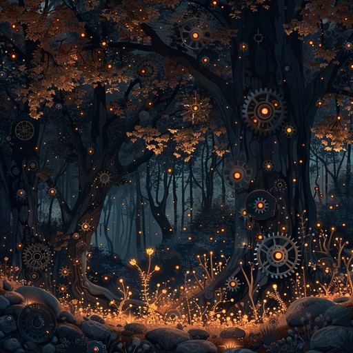 Dive into the enchanting mechanical marvels of a forest alive with whimsical and mysterious melodies. Intricate electronic layers and ethereal sounds paint a vivid auditory journey through a place where nature and machinery seamlessly coexist