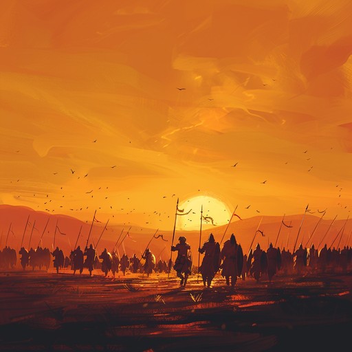 An inspiring orchestral composition featuring bold brass fanfares, stirring string arrangements, and powerful percussion. This piece transports listeners to a grandiose battlefield where heroes rise, embodying a sense of valor, victory, and unyielding determination