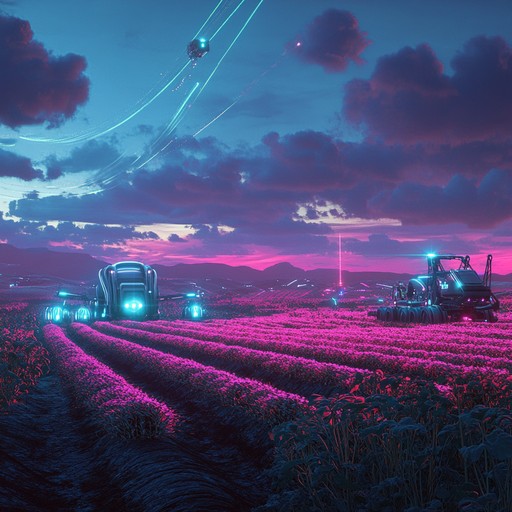 Imagine a futuristic farm where robots assist in the harvest while country folks sing their hearts out. The track blends traditional sertanejo rhythms with electronic synths and robotic sound effects, creating a unique pastoral yet futuristic vibe.