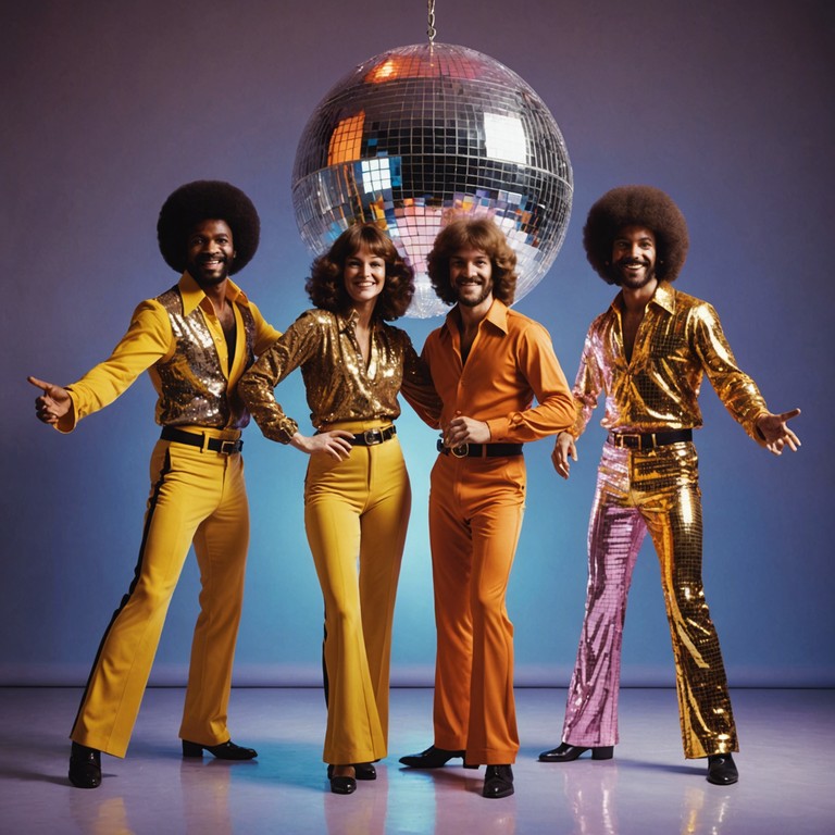 Immerse into the nostalgia of the enchanting 1970s disco scenes, where groovy bass lines cross paths with high energy beats, resurrecting the allure of densely packed dance floors glittered with vibrant lights and exuberant dancers.