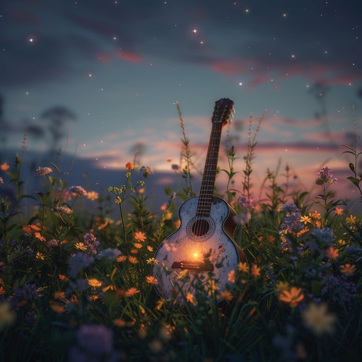 As twilight deepens over the lush fields of appalachia, soft plucks of a solo banjo echo the serenity and profound calmness of an evening surrounded by nature, bridging the gap between day and night with each gentle note.