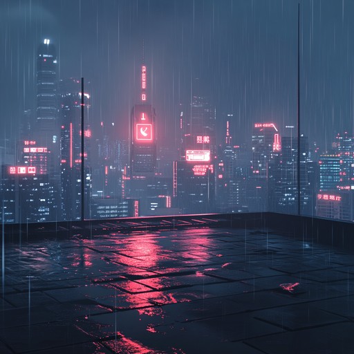 An instrumental piece highlighting the loneliness of wandering through a futuristic city in the rain, with layered synths and ambient sounds creating a sense of isolation among towering neon structures.