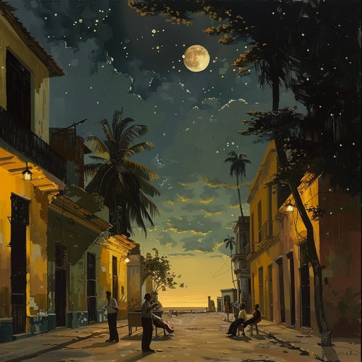 A serene journey through havana's moonlit streets, blending soft latin jazz rhythms with a touch of caribbean flair. Ideal for a relaxing evening atmosphere, with gentle percussion, silky smooth melodies, and a saxophone lead creating an intimate, soothing soundscape.