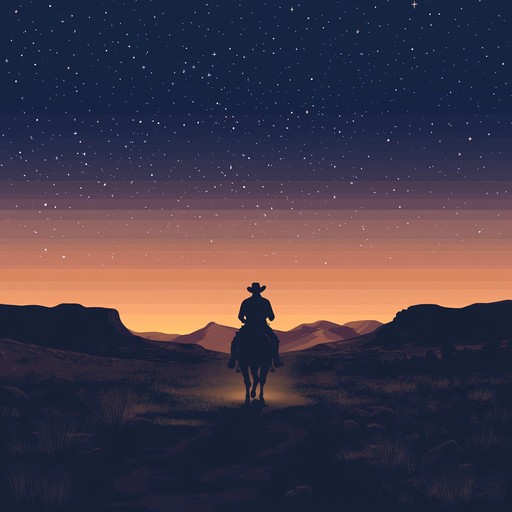 Heartfelt guitar melodies reflect a cowboy's thoughts in a serene western landscape. The music embodies solitude under a starry night, evoking deep reflection and calmness against the vast, open plains.