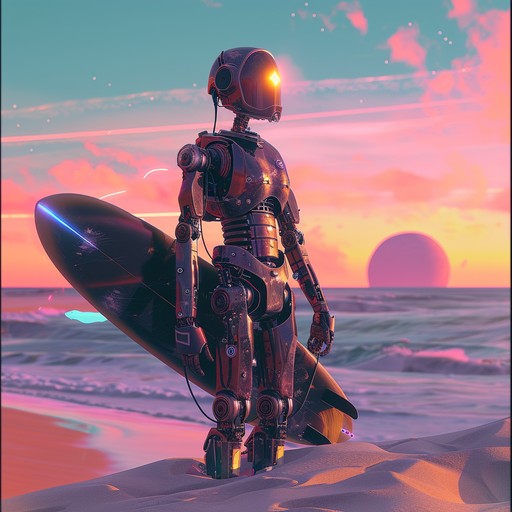 Imagine surfing the galaxy with a futuristic robot playing electronic infused surf rock, creating a bold and daring soundscape with a touch of novelty.